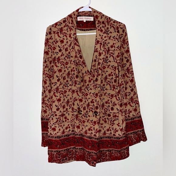 Free People Bellflower Blazer lightweight rayon linen jacket size XS red/tan - Picture 2 of 7